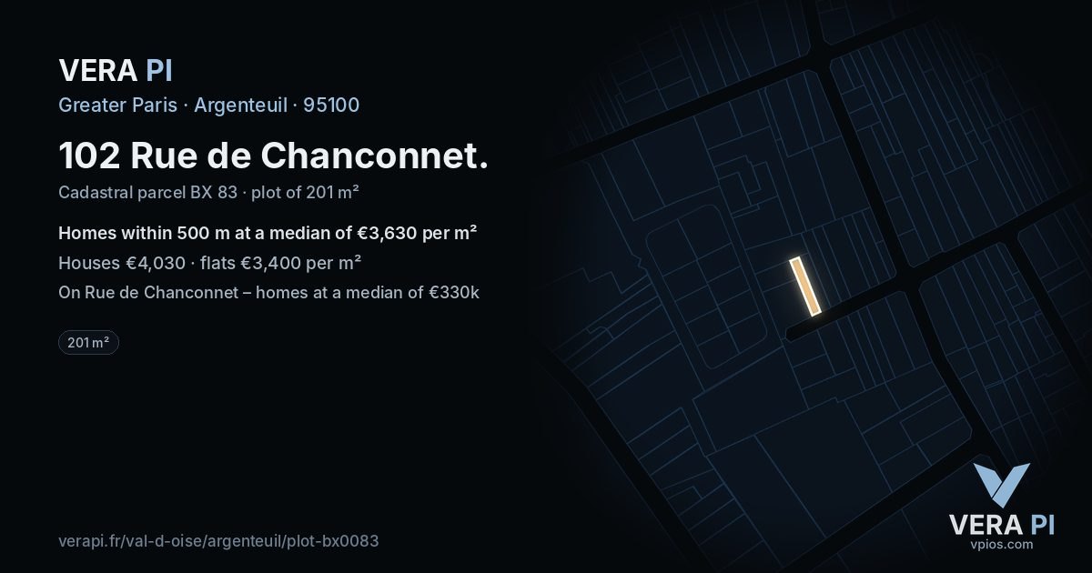 102 Rue de Chanconnet, Argenteuil at night – the plot lit, the parcels around coloured by the prices near them