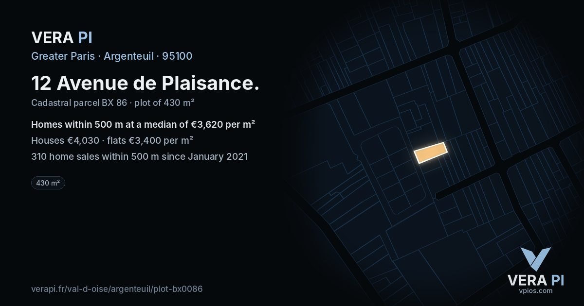 12 Avenue de Plaisance, Argenteuil at night – the plot lit, the parcels around coloured by the prices near them