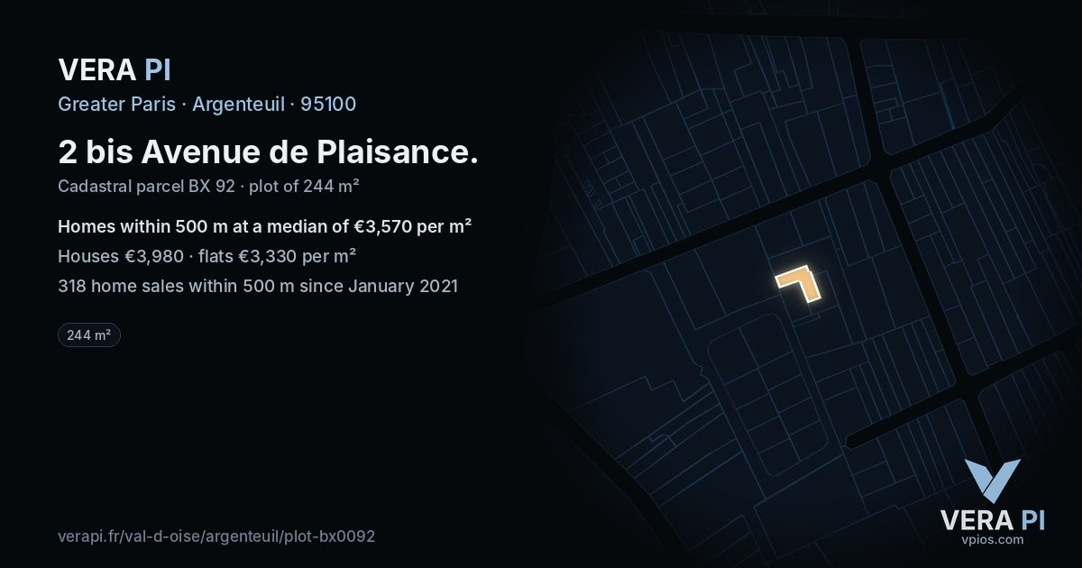 2 bis Avenue de Plaisance, Argenteuil at night – the plot lit, the parcels around coloured by the prices near them