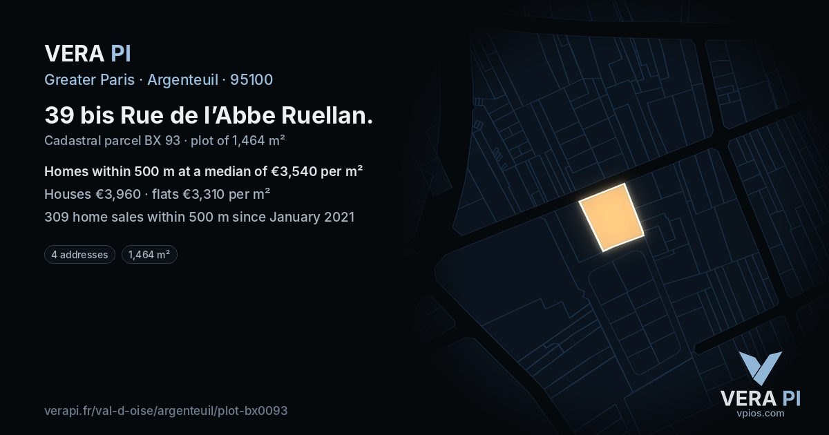 39 bis Rue de l’Abbe Ruellan, Argenteuil at night – the plot lit, the parcels around coloured by the prices near them