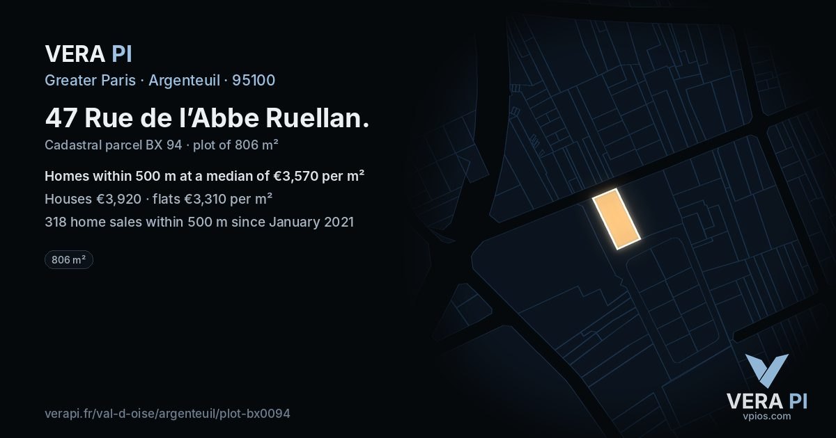 47 Rue de l’Abbe Ruellan, Argenteuil at night – the plot lit, the parcels around coloured by the prices near them