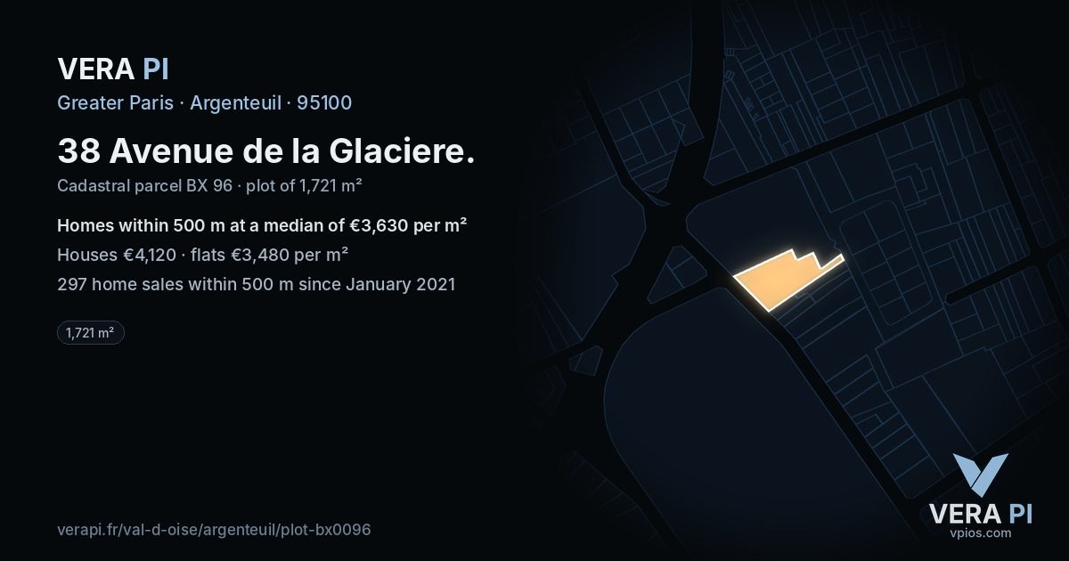 38 Avenue de la Glaciere, Argenteuil at night – the plot lit, the parcels around coloured by the prices near them