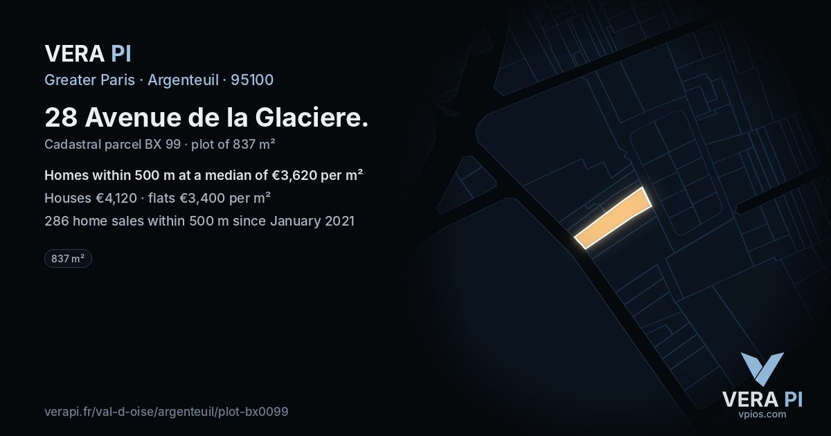 28 Avenue de la Glaciere, Argenteuil at night – the plot lit, the parcels around coloured by the prices near them