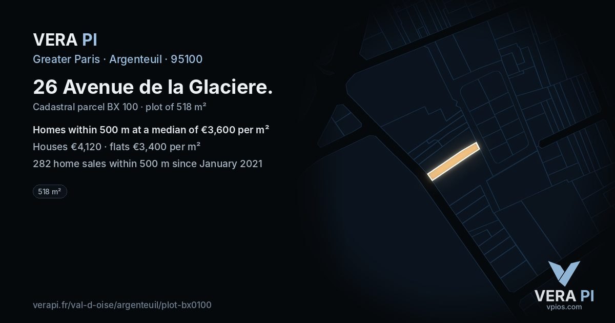 26 Avenue de la Glaciere, Argenteuil at night – the plot lit, the parcels around coloured by the prices near them
