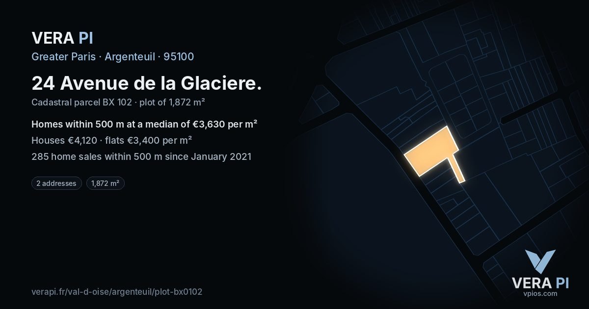 24 Avenue de la Glaciere, Argenteuil at night – the plot lit, the parcels around coloured by the prices near them