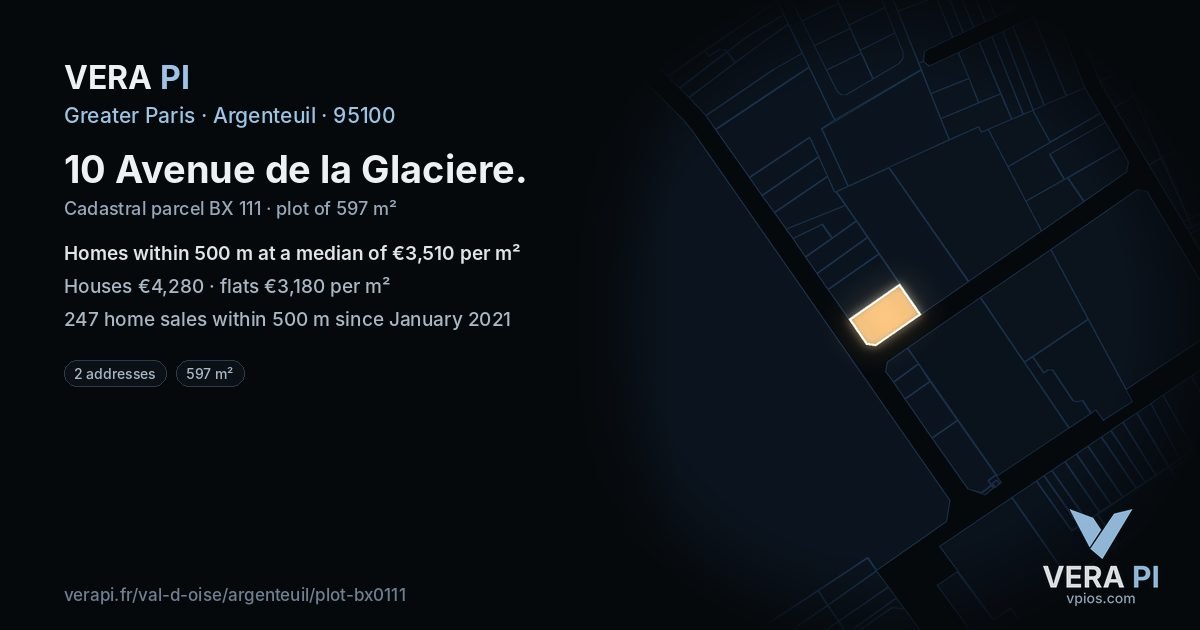 10 Avenue de la Glaciere, Argenteuil at night – the plot lit, the parcels around coloured by the prices near them