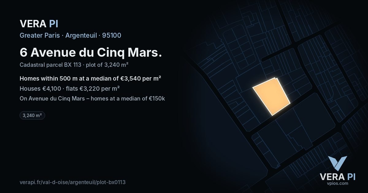6 Avenue du Cinq Mars, Argenteuil at night – the plot lit, the parcels around coloured by the prices near them