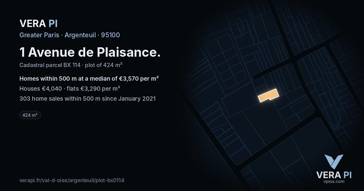 1 Avenue de Plaisance, Argenteuil at night – the plot lit, the parcels around coloured by the prices near them