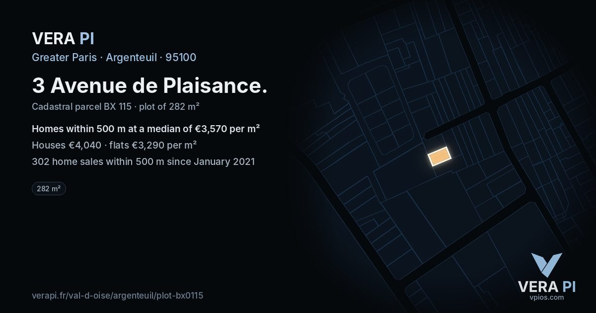 3 Avenue de Plaisance, Argenteuil at night – the plot lit, the parcels around coloured by the prices near them