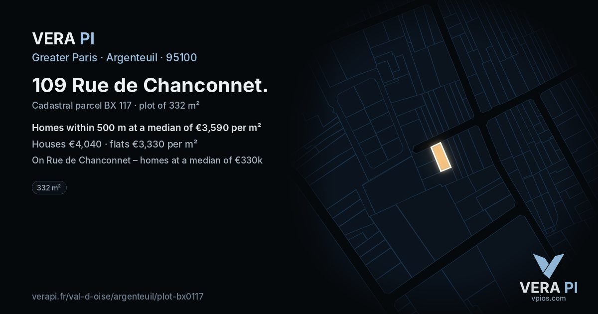 109 Rue de Chanconnet, Argenteuil at night – the plot lit, the parcels around coloured by the prices near them