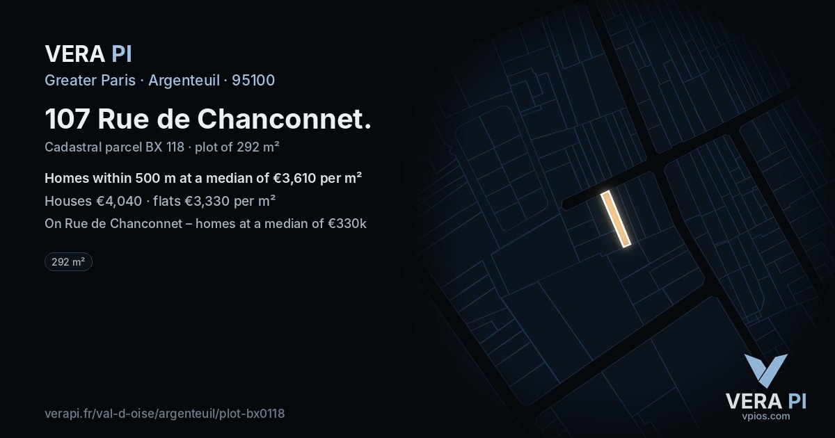107 Rue de Chanconnet, Argenteuil at night – the plot lit, the parcels around coloured by the prices near them