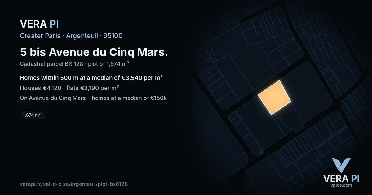 5 bis Avenue du Cinq Mars, Argenteuil at night – the plot lit, the parcels around coloured by the prices near them