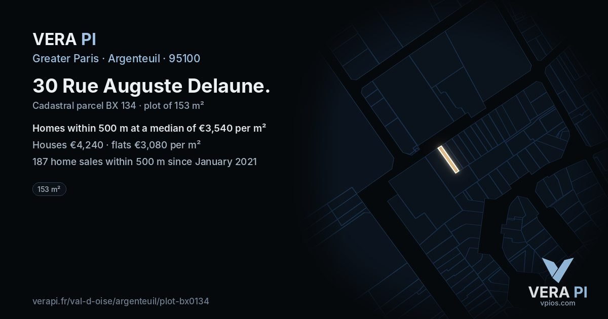 30 Rue Auguste Delaune, Argenteuil at night – the plot lit, the parcels around coloured by the prices near them