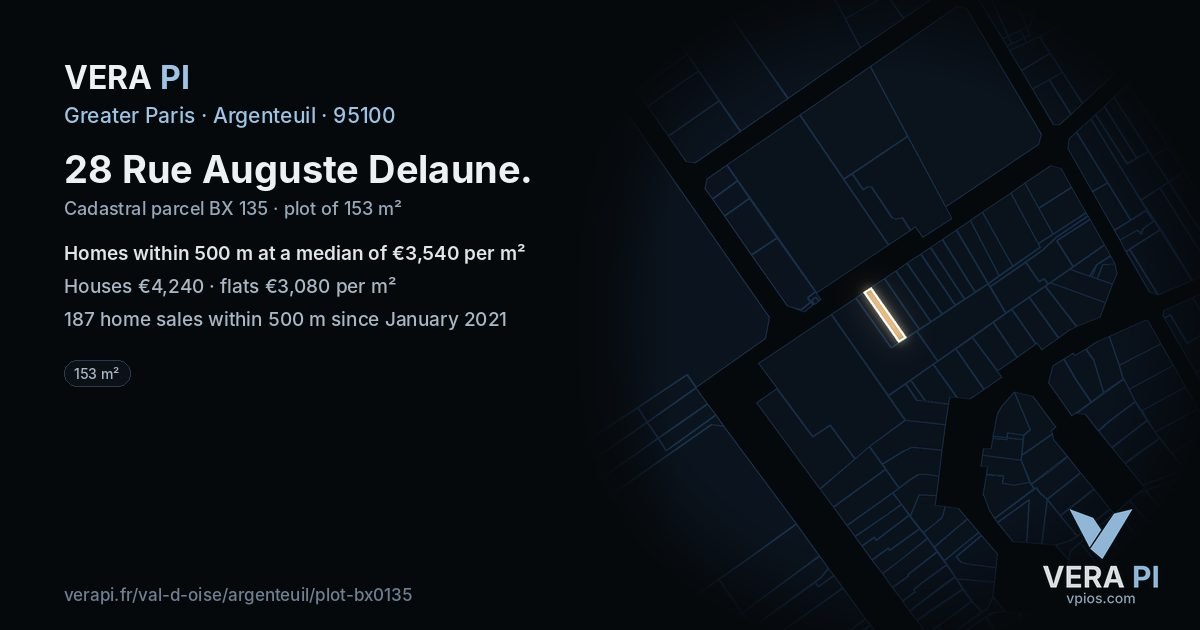 28 Rue Auguste Delaune, Argenteuil at night – the plot lit, the parcels around coloured by the prices near them