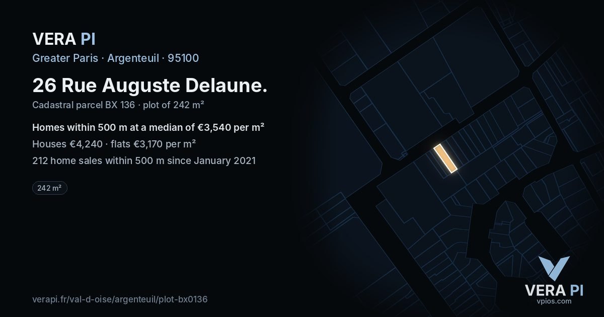 26 Rue Auguste Delaune, Argenteuil at night – the plot lit, the parcels around coloured by the prices near them