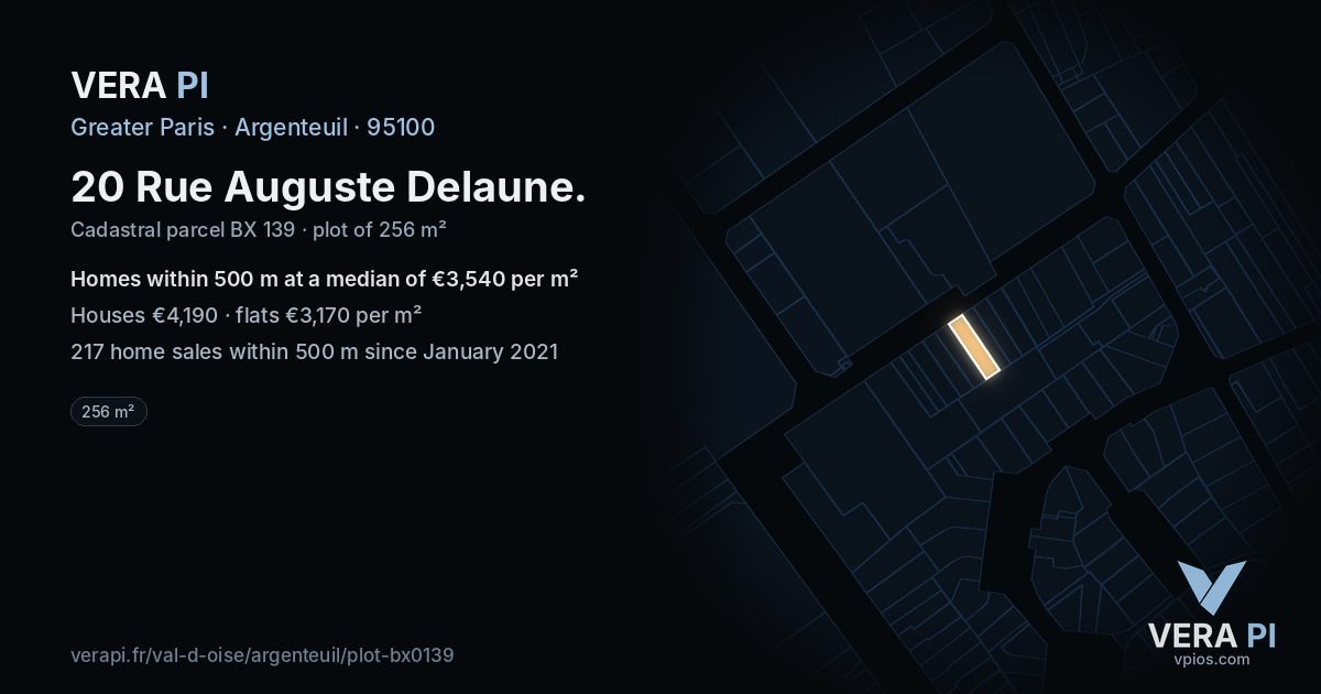 20 Rue Auguste Delaune, Argenteuil at night – the plot lit, the parcels around coloured by the prices near them