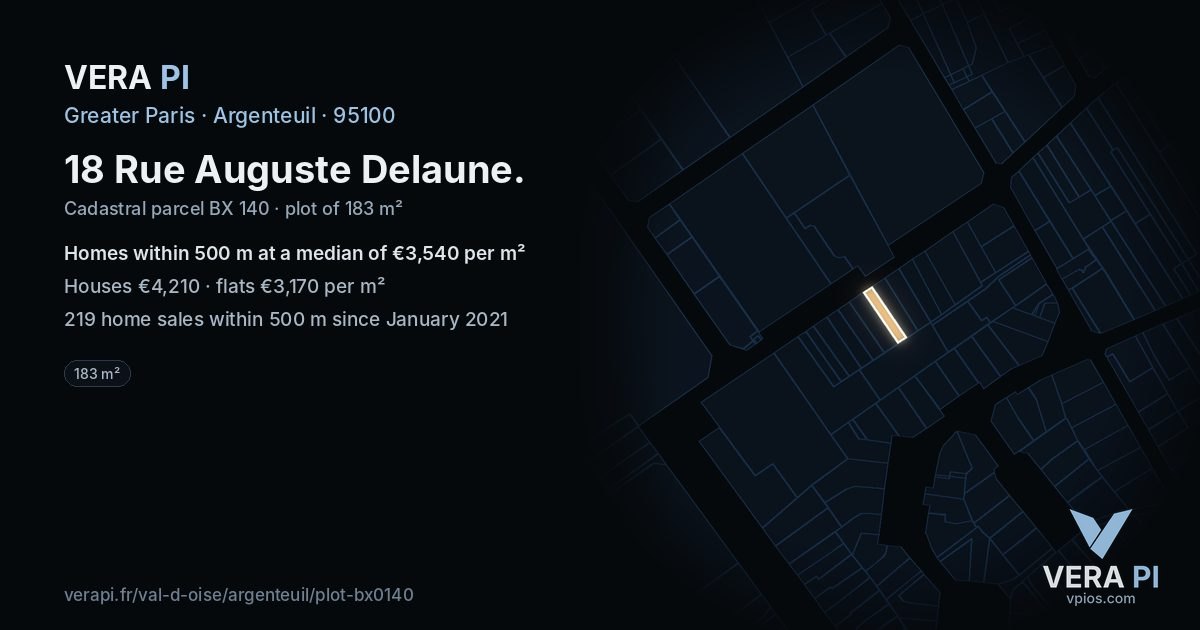 18 Rue Auguste Delaune, Argenteuil at night – the plot lit, the parcels around coloured by the prices near them