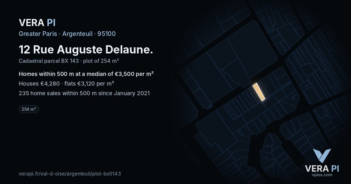 12 Rue Auguste Delaune, Argenteuil at night – the plot lit, the parcels around coloured by the prices near them