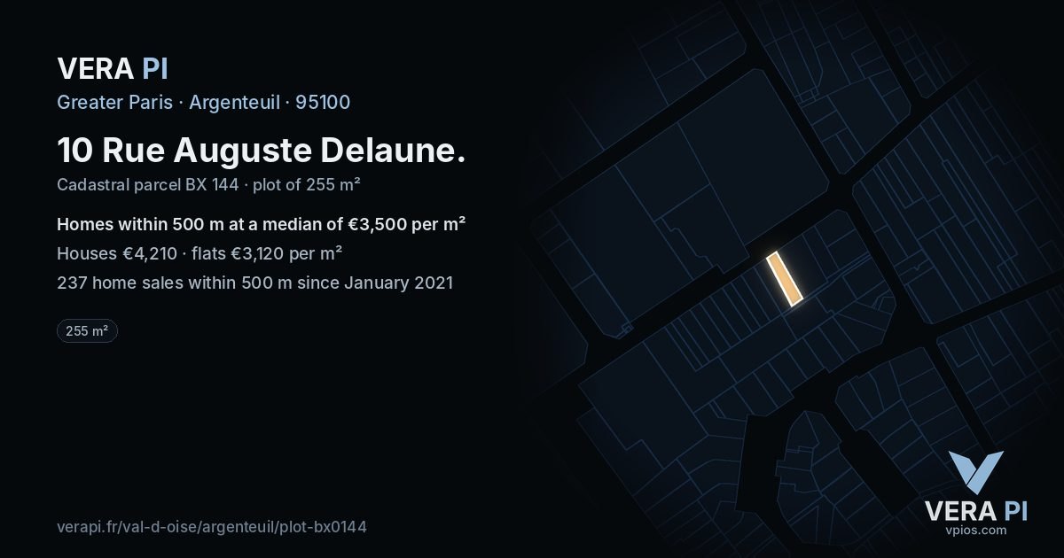 10 Rue Auguste Delaune, Argenteuil at night – the plot lit, the parcels around coloured by the prices near them