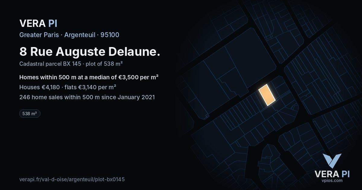 8 Rue Auguste Delaune, Argenteuil at night – the plot lit, the parcels around coloured by the prices near them