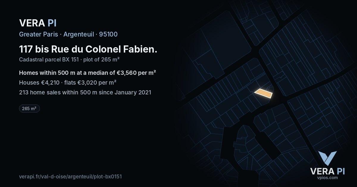 117 bis Rue du Colonel Fabien, Argenteuil at night – the plot lit, the parcels around coloured by the prices near them