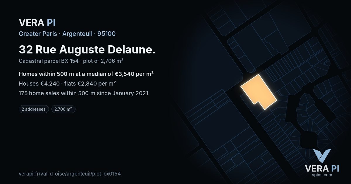 32 Rue Auguste Delaune, Argenteuil at night – the plot lit, the parcels around coloured by the prices near them