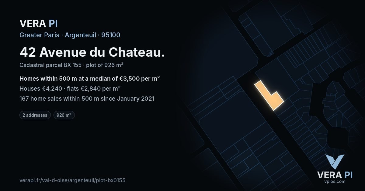 42 Avenue du Chateau, Argenteuil at night – the plot lit, the parcels around coloured by the prices near them