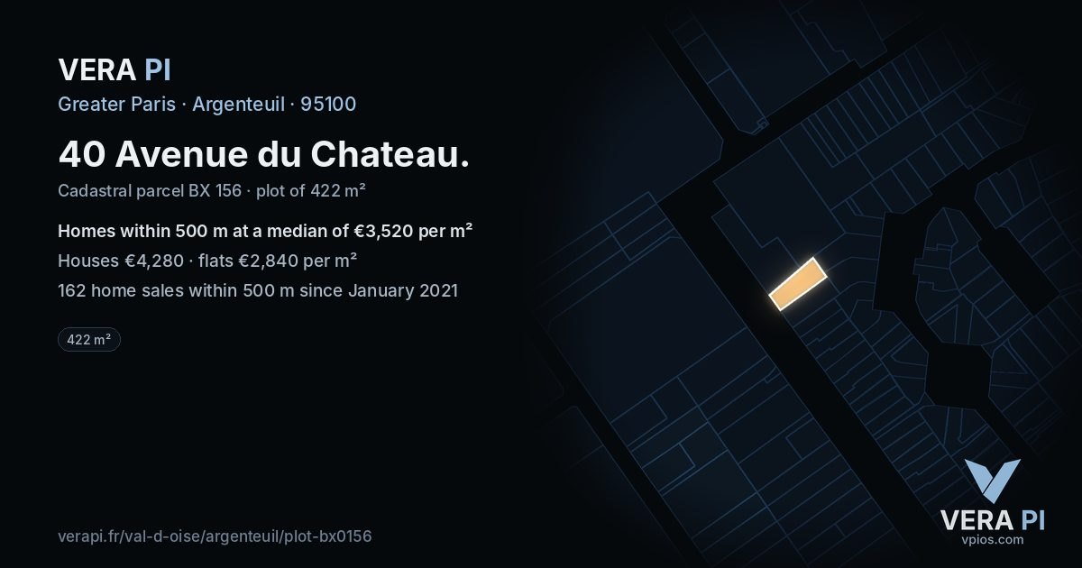40 Avenue du Chateau, Argenteuil at night – the plot lit, the parcels around coloured by the prices near them