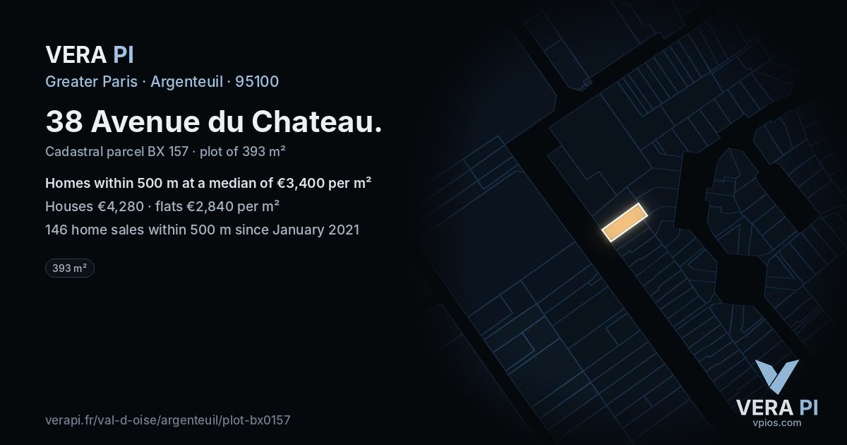 38 Avenue du Chateau, Argenteuil at night – the plot lit, the parcels around coloured by the prices near them