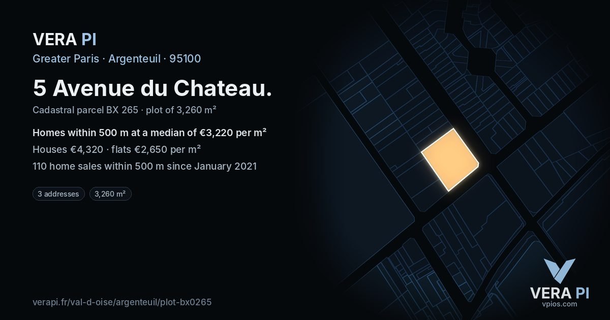 5 Avenue du Chateau, Argenteuil at night – the plot lit, the parcels around coloured by the prices near them