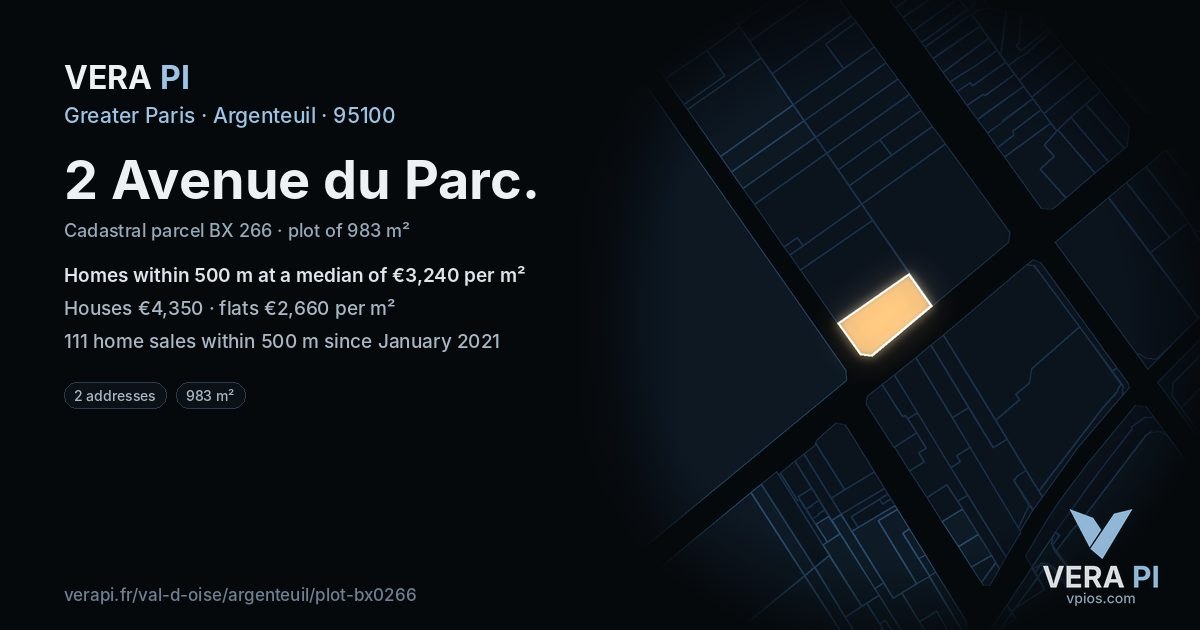 2 Avenue du Parc, Argenteuil at night – the plot lit, the parcels around coloured by the prices near them