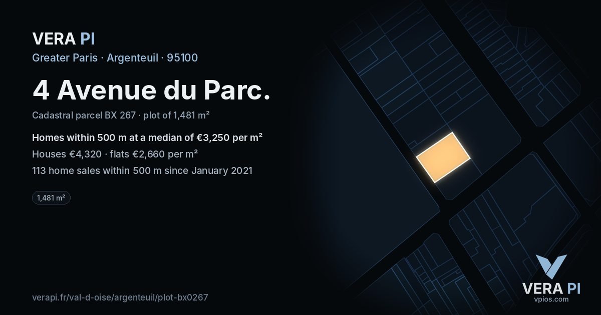 4 Avenue du Parc, Argenteuil at night – the plot lit, the parcels around coloured by the prices near them