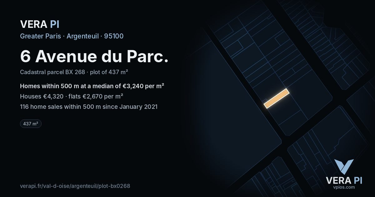 6 Avenue du Parc, Argenteuil at night – the plot lit, the parcels around coloured by the prices near them