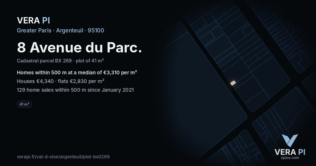 8 Avenue du Parc, Argenteuil at night – the plot lit, the parcels around coloured by the prices near them