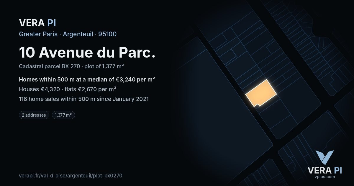 10 Avenue du Parc, Argenteuil at night – the plot lit, the parcels around coloured by the prices near them