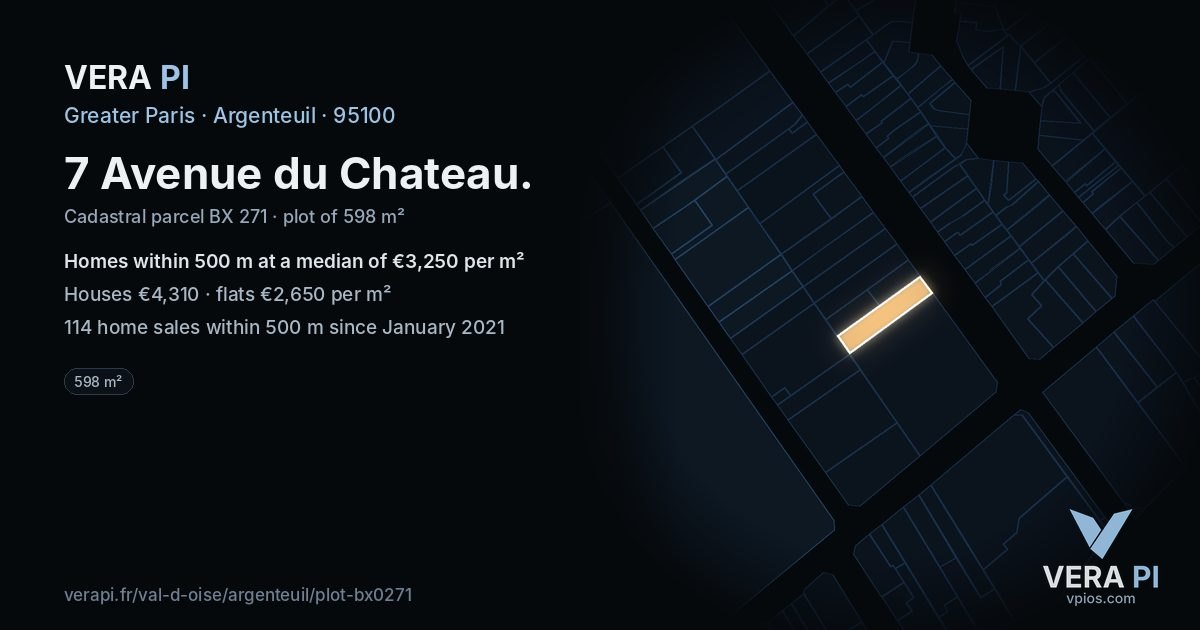 7 Avenue du Chateau, Argenteuil at night – the plot lit, the parcels around coloured by the prices near them