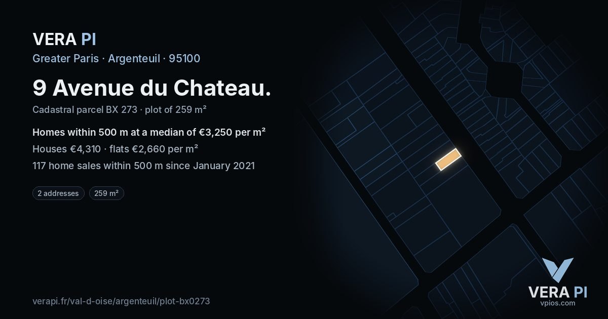 9 Avenue du Chateau, Argenteuil at night – the plot lit, the parcels around coloured by the prices near them