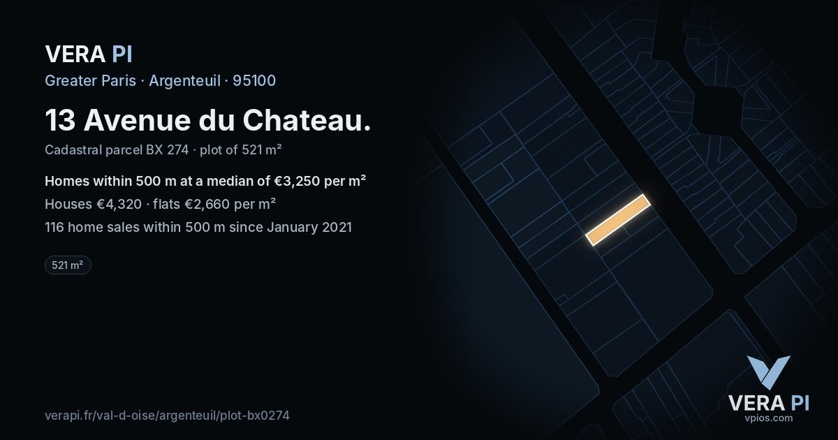 13 Avenue du Chateau, Argenteuil at night – the plot lit, the parcels around coloured by the prices near them