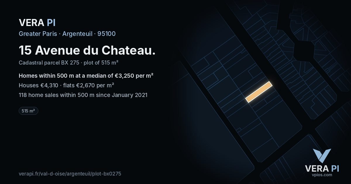 15 Avenue du Chateau, Argenteuil at night – the plot lit, the parcels around coloured by the prices near them