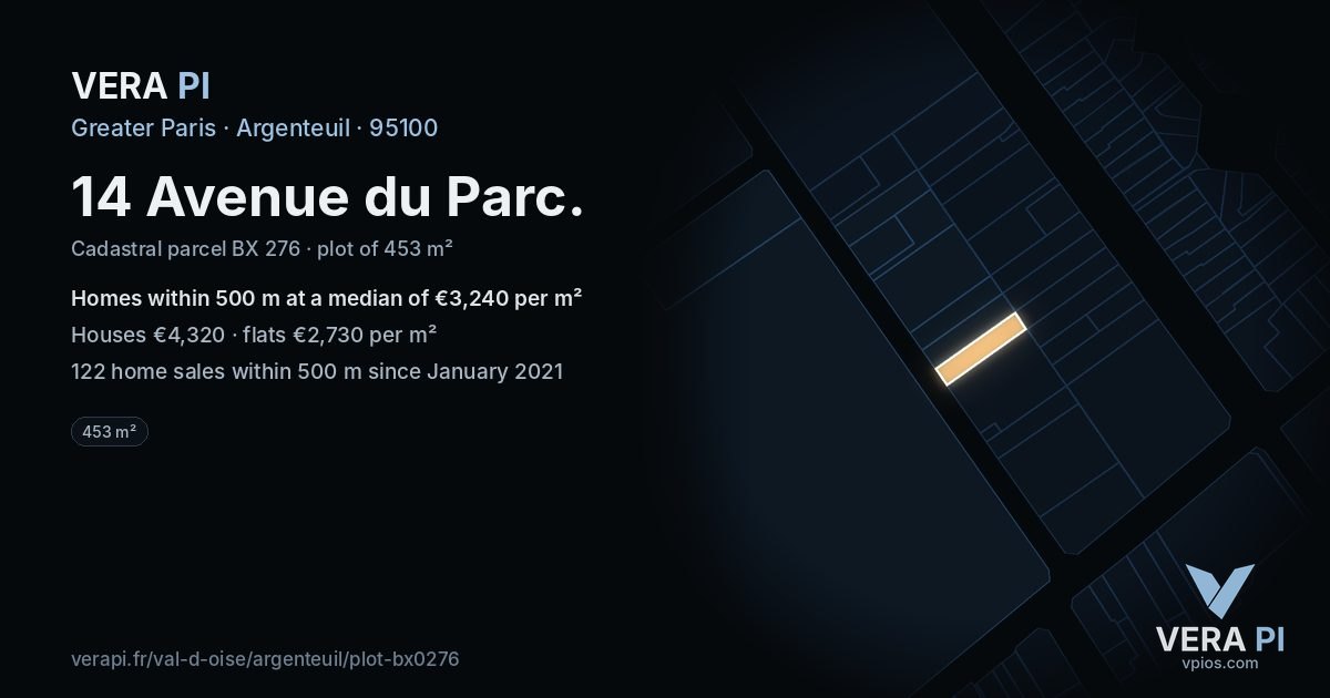 14 Avenue du Parc, Argenteuil at night – the plot lit, the parcels around coloured by the prices near them