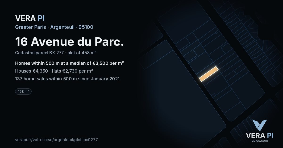 16 Avenue du Parc, Argenteuil at night – the plot lit, the parcels around coloured by the prices near them