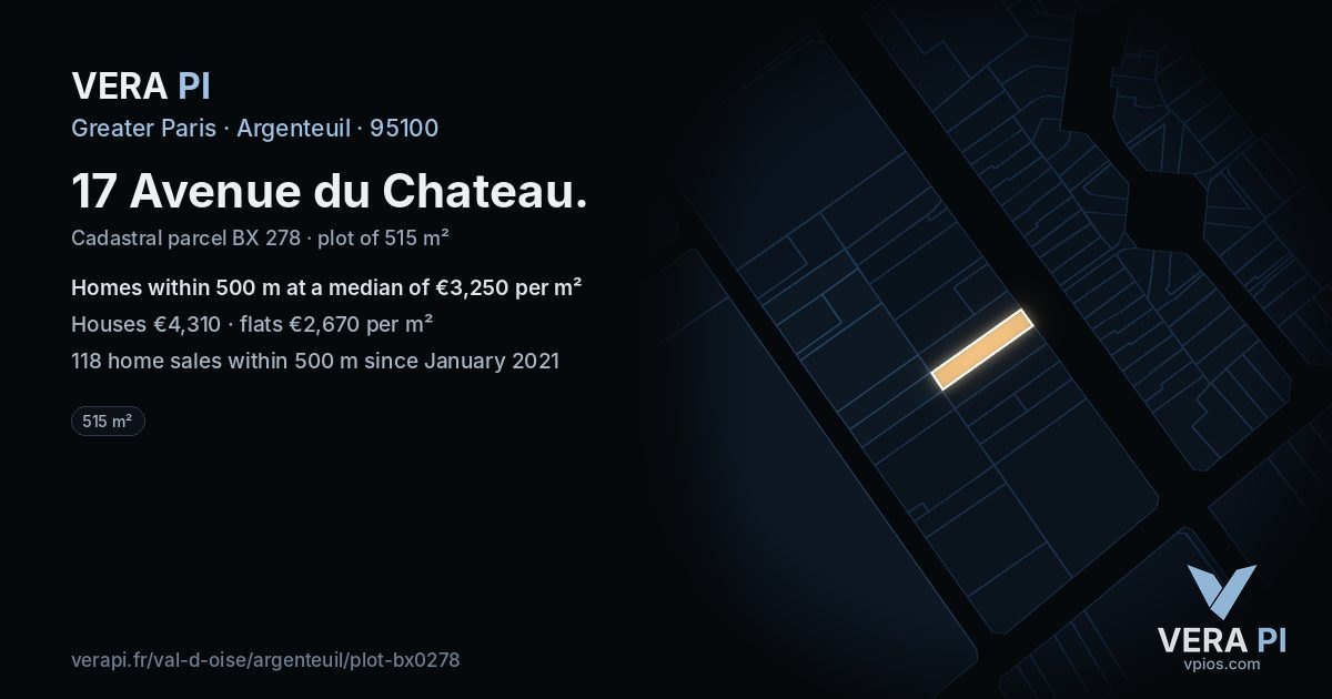 17 Avenue du Chateau, Argenteuil at night – the plot lit, the parcels around coloured by the prices near them