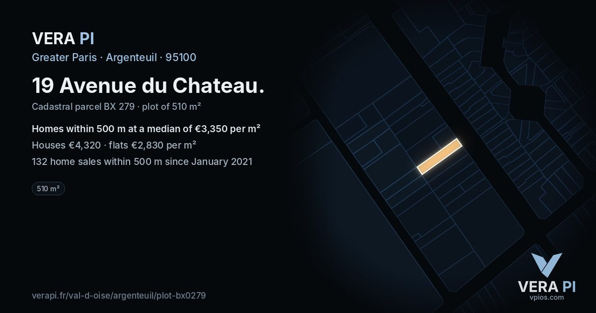 19 Avenue du Chateau, Argenteuil at night – the plot lit, the parcels around coloured by the prices near them