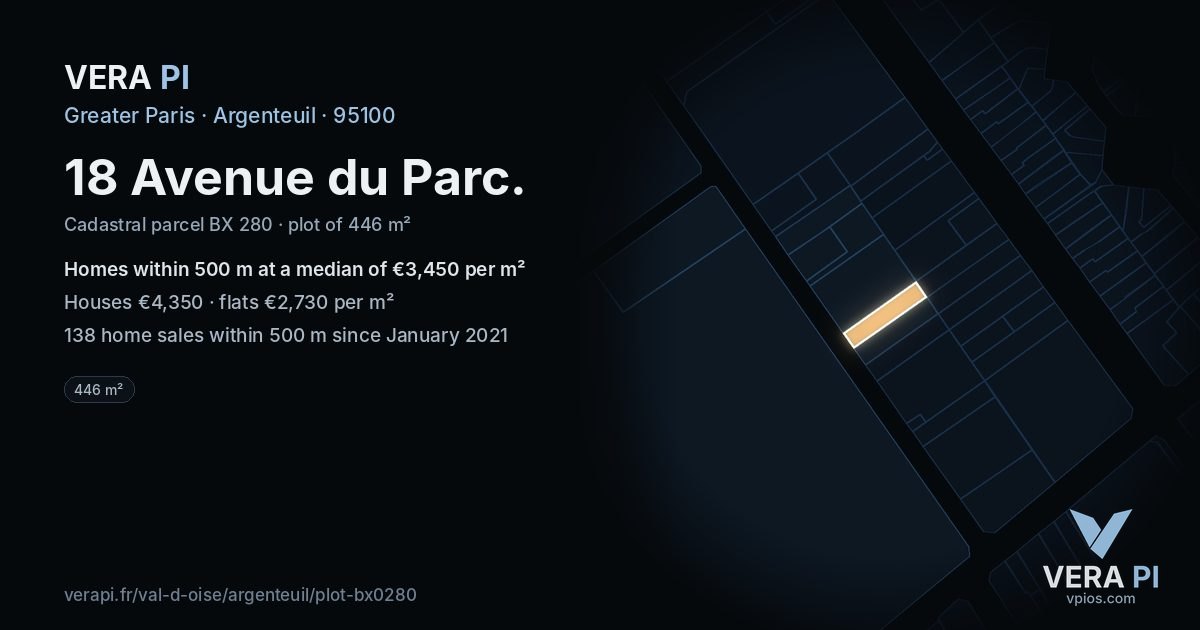 18 Avenue du Parc, Argenteuil at night – the plot lit, the parcels around coloured by the prices near them