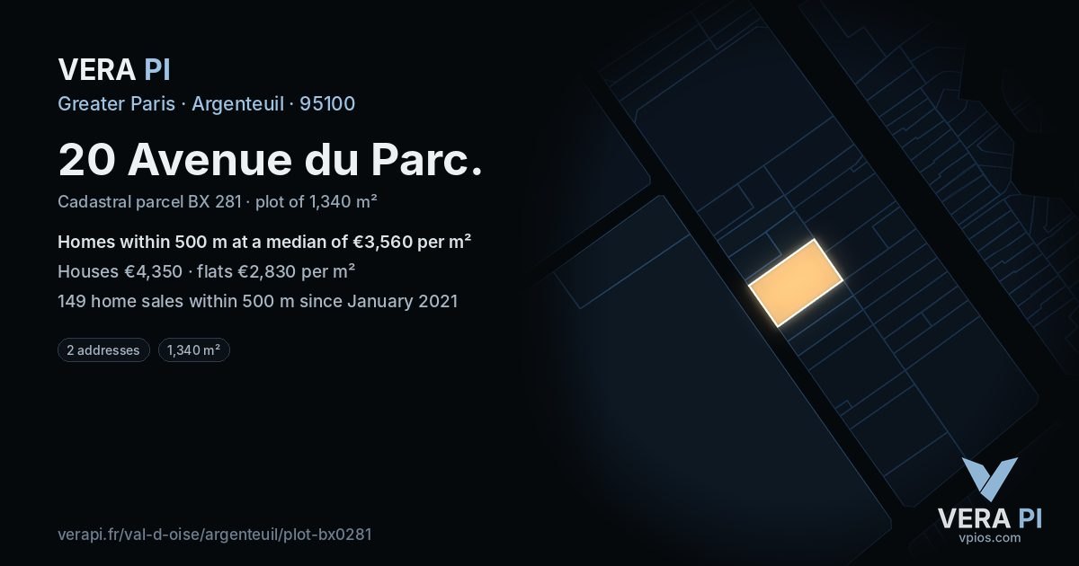 20 Avenue du Parc, Argenteuil at night – the plot lit, the parcels around coloured by the prices near them