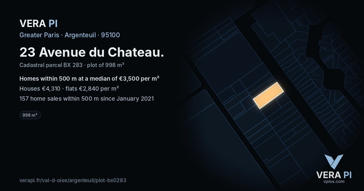 23 Avenue du Chateau, Argenteuil at night – the plot lit, the parcels around coloured by the prices near them