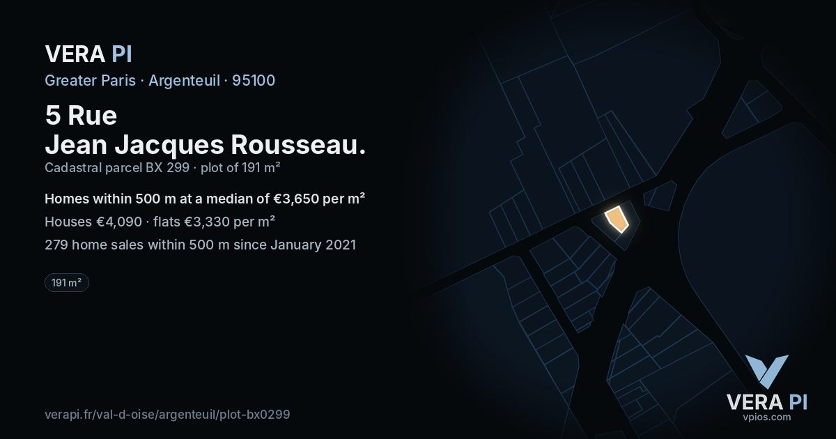 5 Rue Jean Jacques Rousseau, Argenteuil at night – the plot lit, the parcels around coloured by the prices near them
