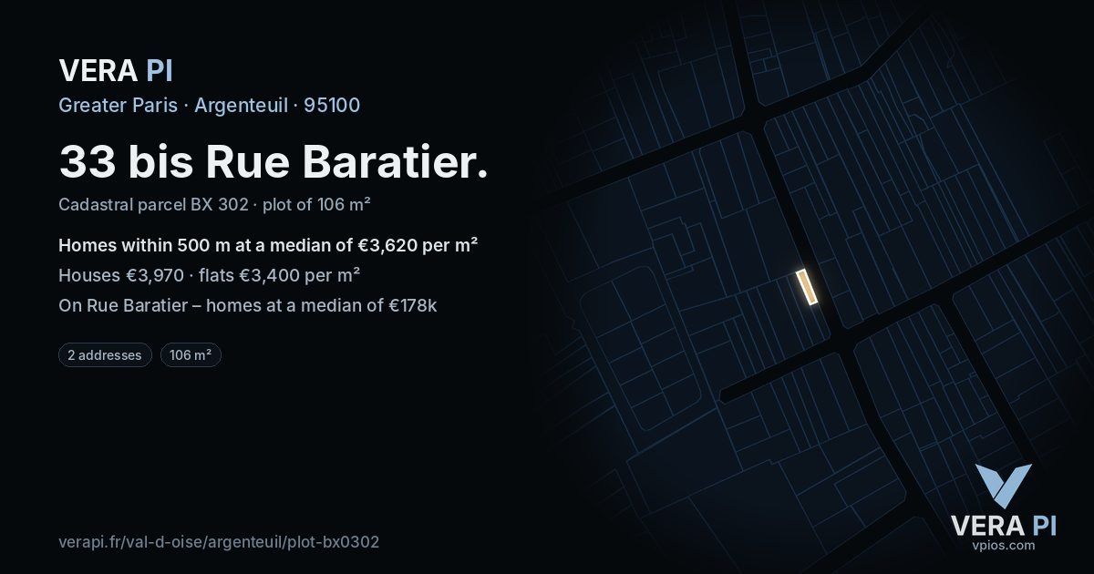 33 bis Rue Baratier, Argenteuil at night – the plot lit, the parcels around coloured by the prices near them