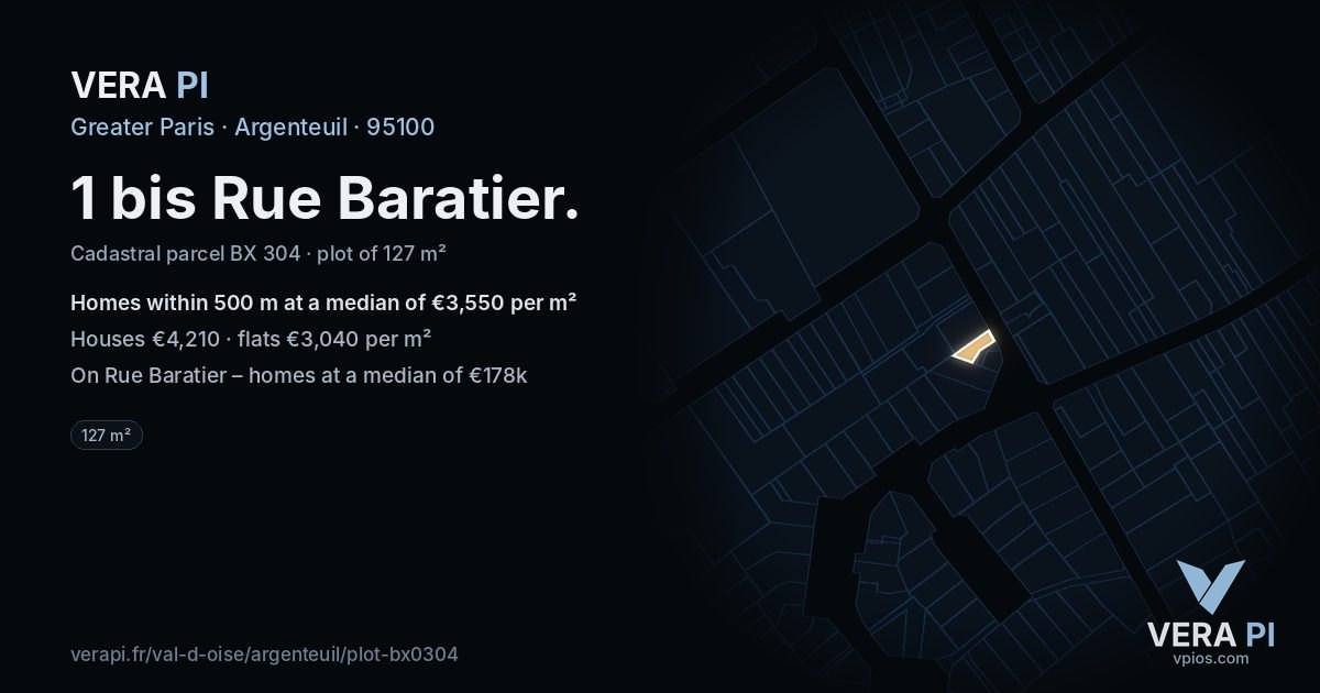 1 bis Rue Baratier, Argenteuil at night – the plot lit, the parcels around coloured by the prices near them