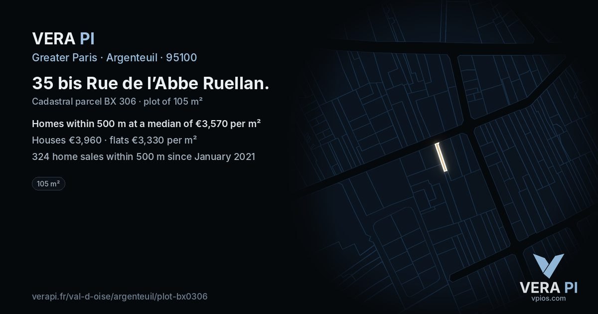 35 bis Rue de l’Abbe Ruellan, Argenteuil at night – the plot lit, the parcels around coloured by the prices near them